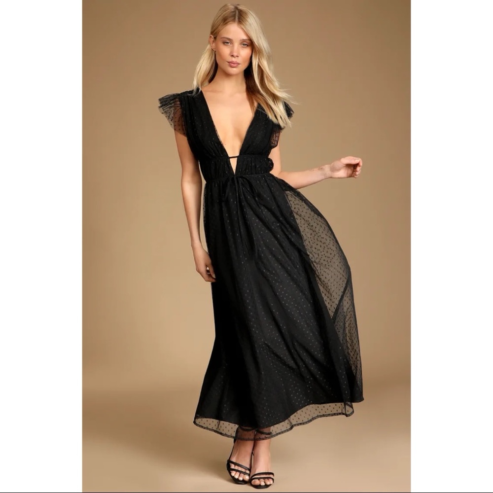 NWOT Lulus Yours Evermore Black Swiss Dot Ruffled Midi Dress
